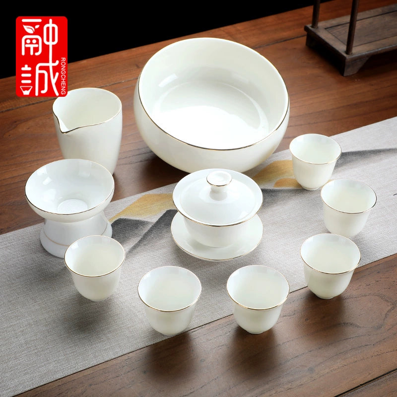 优质德化瓷茶具 - 玉釉陶瓷茶壶配紧凑茶杯,优雅白色陶瓷茶具,适用于家庭、办公室或客厅使用