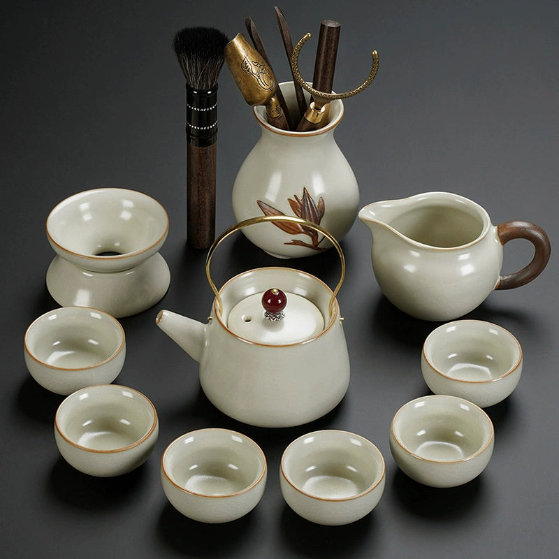 Ru Kiln Ceramic Kung Fu Tea Set - Luxury Teapot, Gaiwan, Cups & Tray for Home Tea Ceremony, Premium Chinese Porcelain Brewing Kit