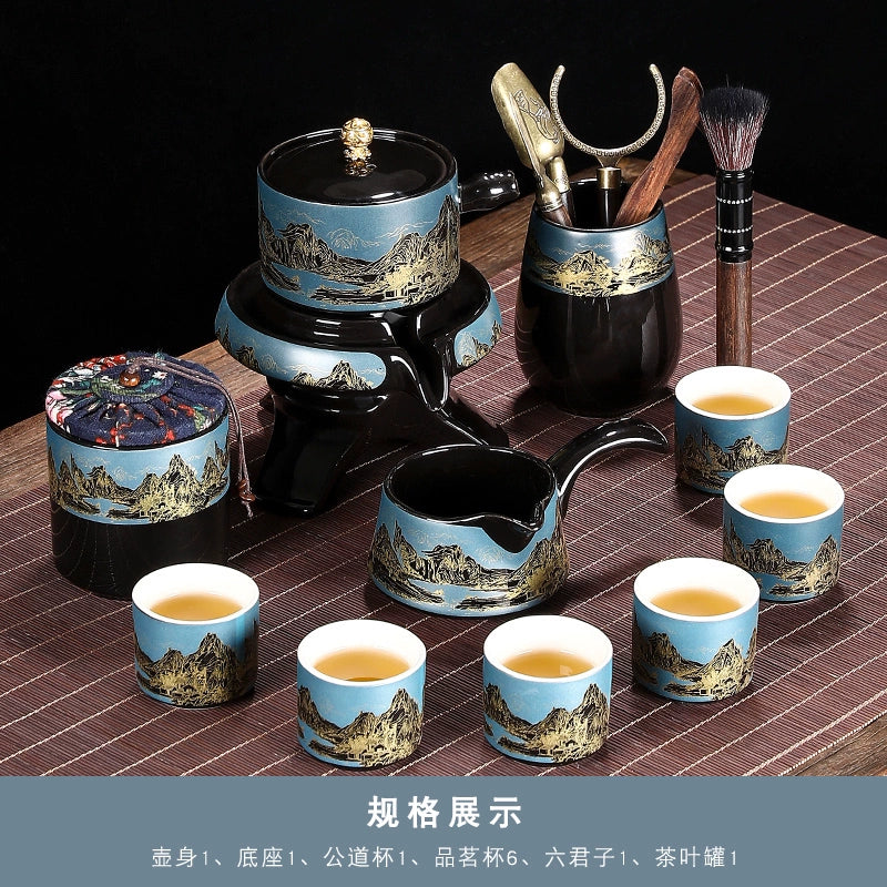 Effortless Tea Set with Heat-Resistant Teapot - Semi-Automatic Ceramic Gongfu Teacups & Stone-Mill Design for Home Brewing, Anti-Scald Tea Maker Kit