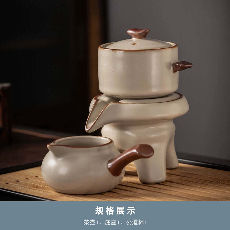 Effortless Tea Set with Heat-Resistant Teapot - Semi-Automatic Ceramic Gongfu Teacups & Stone-Mill Design for Home Brewing, Anti-Scald Tea Maker Kit