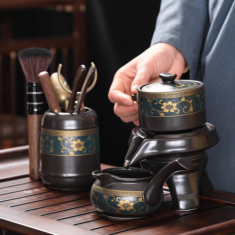 Effortless Tea Set with Heat-Resistant Teapot - Semi-Automatic Ceramic Gongfu Teacups & Stone-Mill Design for Home Brewing, Anti-Scald Tea Maker Kit
