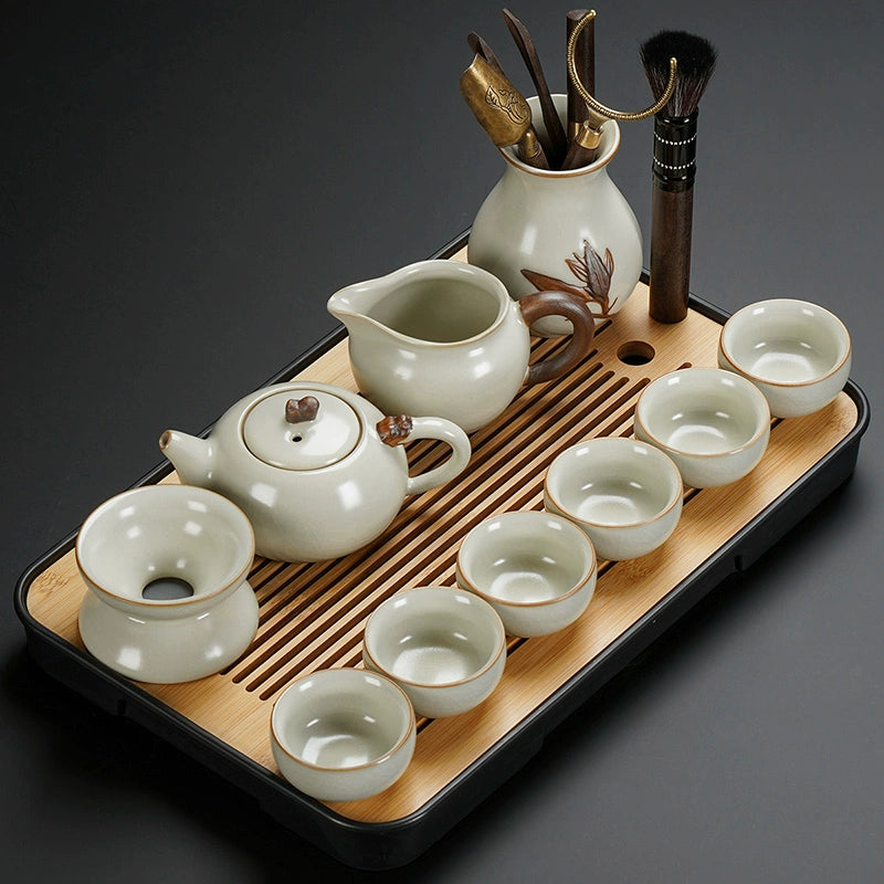 Ru Kiln Ceramic Kung Fu Tea Set - Luxury Teapot, Gaiwan, Cups & Tray for Home Tea Ceremony, Premium Chinese Porcelain Brewing Kit