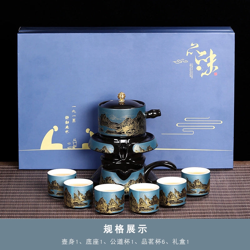 Effortless Tea Set with Heat-Resistant Teapot - Semi-Automatic Ceramic Gongfu Teacups & Stone-Mill Design for Home Brewing, Anti-Scald Tea Maker Kit