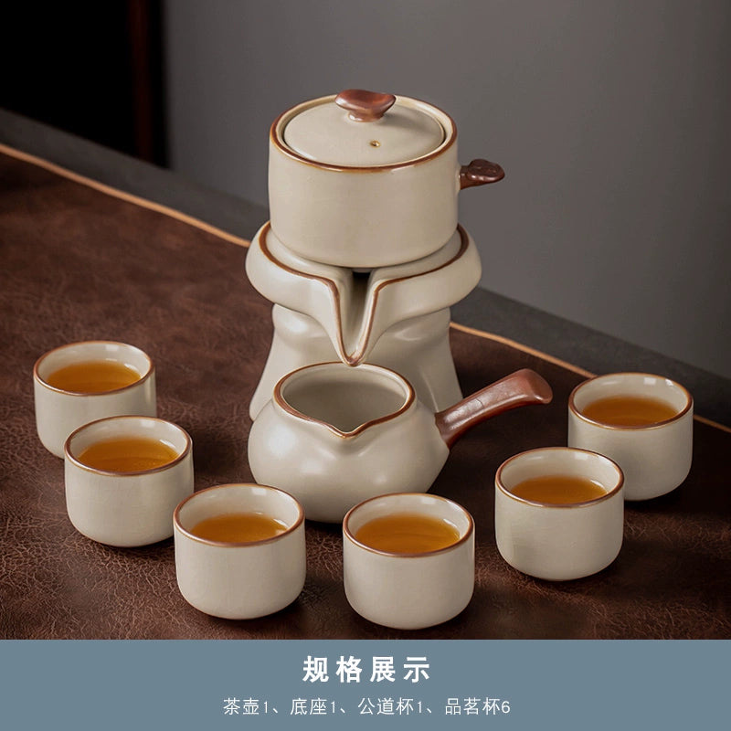 Effortless Tea Set with Heat-Resistant Teapot - Semi-Automatic Ceramic Gongfu Teacups & Stone-Mill Design for Home Brewing, Anti-Scald Tea Maker Kit