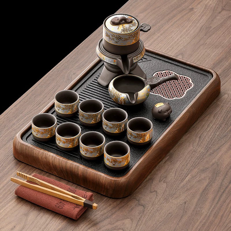 宜兴紫砂茶具 - 豪华自动茶壶配功夫茶杯,轻松冲泡家庭仪式,优质紫砂陶瓷配件