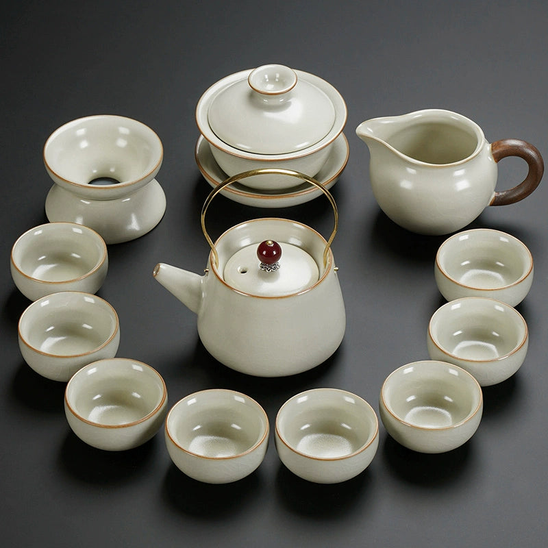 Ru Kiln Ceramic Kung Fu Tea Set - Luxury Teapot, Gaiwan, Cups & Tray for Home Tea Ceremony, Premium Chinese Porcelain Brewing Kit