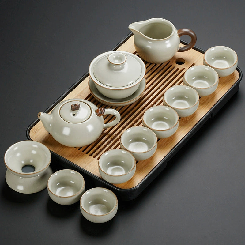 Ru Kiln Ceramic Kung Fu Tea Set - Luxury Teapot, Gaiwan, Cups & Tray for Home Tea Ceremony, Premium Chinese Porcelain Brewing Kit