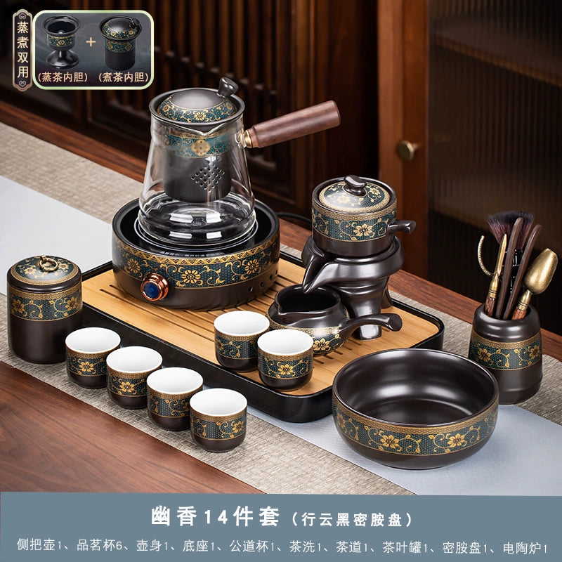 Effortless Tea Set with Heat-Resistant Teapot - Semi-Automatic Ceramic Gongfu Teacups & Stone-Mill Design for Home Brewing, Anti-Scald Tea Maker Kit
