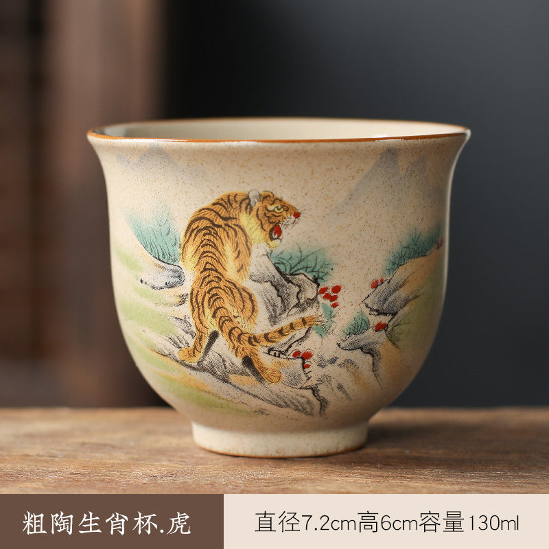 中国生肖陶瓷茶具 - 12件手绘动物茶杯与功夫茶,复古风格收藏茶具,适合家庭冲泡和亚洲文化爱好者