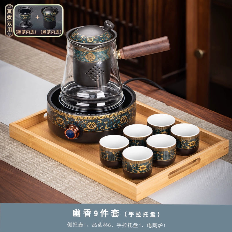 Effortless Tea Set with Heat-Resistant Teapot - Semi-Automatic Ceramic Gongfu Teacups & Stone-Mill Design for Home Brewing, Anti-Scald Tea Maker Kit