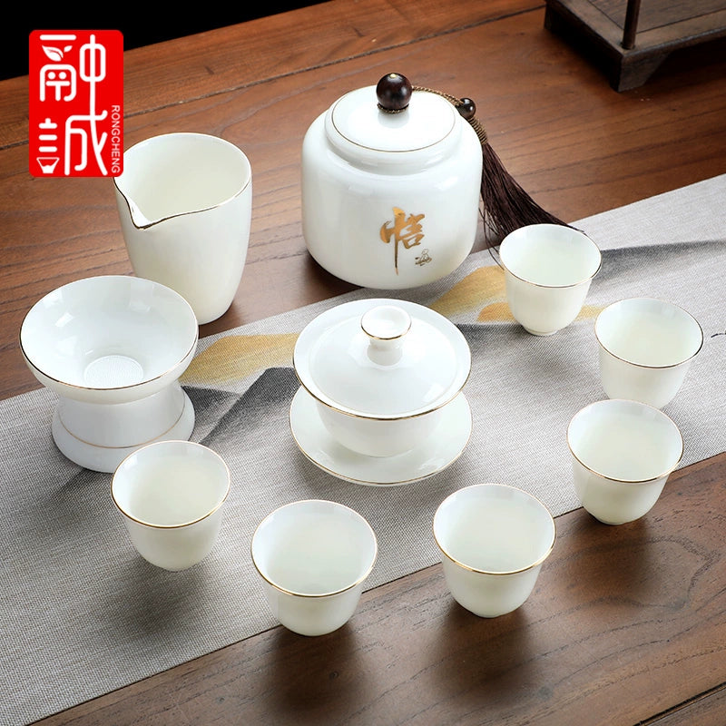 优质德化瓷茶具 - 玉釉陶瓷茶壶配紧凑茶杯,优雅白色陶瓷茶具,适用于家庭、办公室或客厅使用
