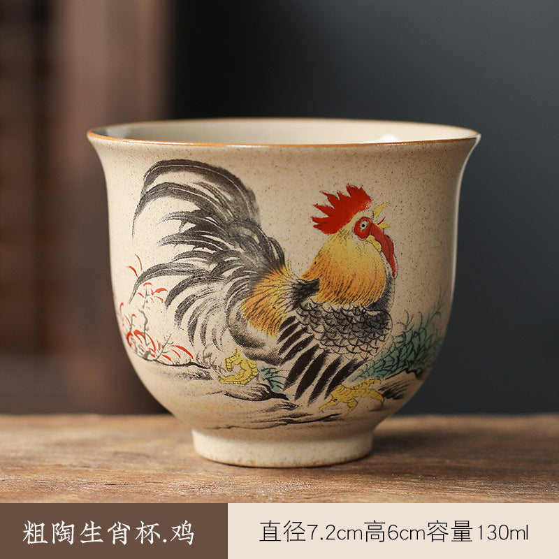 中国生肖陶瓷茶具 - 12件手绘动物茶杯与功夫茶,复古风格收藏茶具,适合家庭冲泡和亚洲文化爱好者