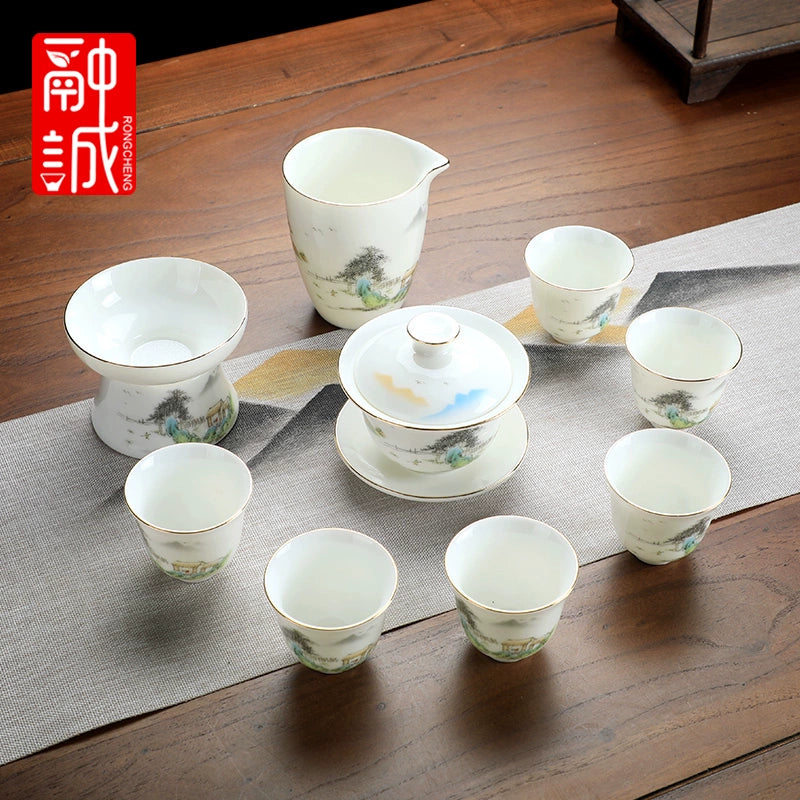 优质德化瓷茶具 - 玉釉陶瓷茶壶配紧凑茶杯,优雅白色陶瓷茶具,适用于家庭、办公室或客厅使用