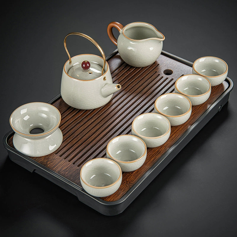 Ru Kiln Ceramic Kung Fu Tea Set - Luxury Teapot, Gaiwan, Cups & Tray for Home Tea Ceremony, Premium Chinese Porcelain Brewing Kit
