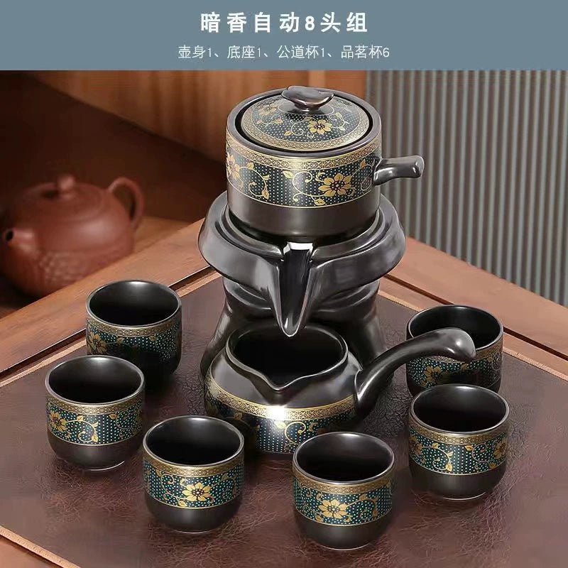 Effortless Tea Set with Heat-Resistant Teapot - Semi-Automatic Ceramic Gongfu Teacups & Stone-Mill Design for Home Brewing, Anti-Scald Tea Maker Kit