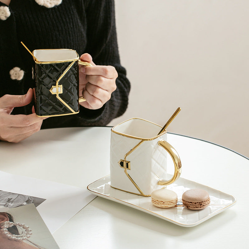 Handbag-Inspired Porcelain Tea Cup & Saucer Set - European Luxury Coffee Cups for Afternoon Tea, Vintage British Style Ceramic Mugs with Gold Trim, Elegant Tea Party Serving Set