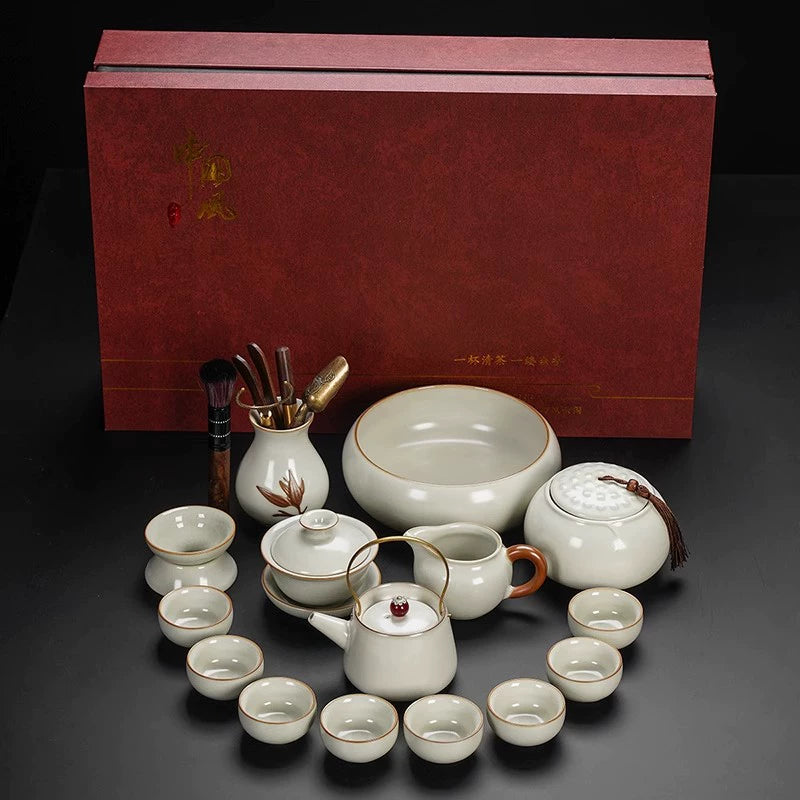 Ru Kiln Ceramic Kung Fu Tea Set - Luxury Teapot, Gaiwan, Cups & Tray for Home Tea Ceremony, Premium Chinese Porcelain Brewing Kit
