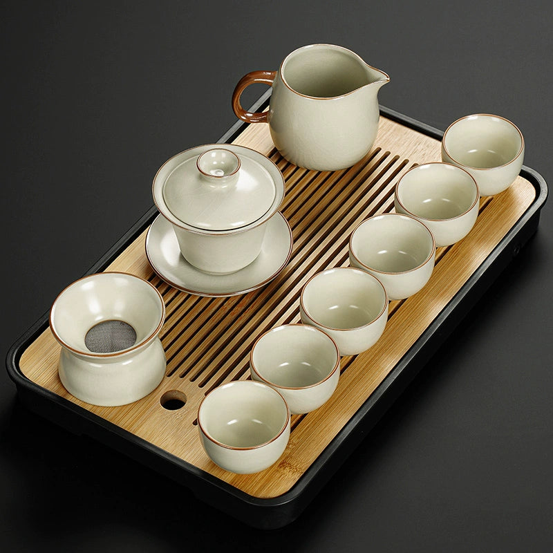 Ru Kiln Ceramic Kung Fu Tea Set - Luxury Teapot, Gaiwan, Cups & Tray for Home Tea Ceremony, Premium Chinese Porcelain Brewing Kit