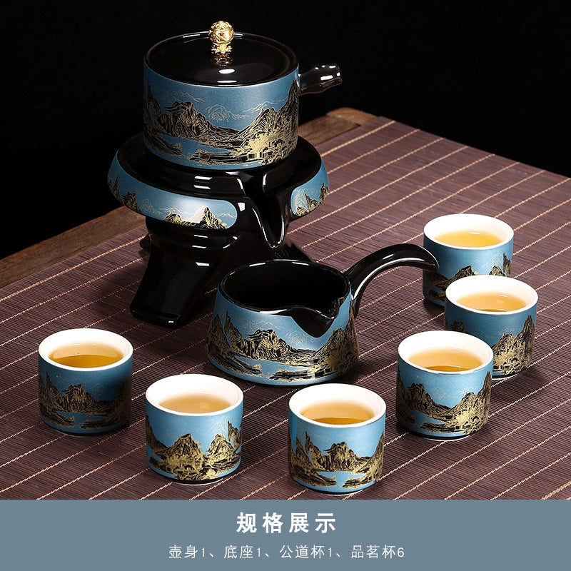 Effortless Tea Set with Heat-Resistant Teapot - Semi-Automatic Ceramic Gongfu Teacups & Stone-Mill Design for Home Brewing, Anti-Scald Tea Maker Kit