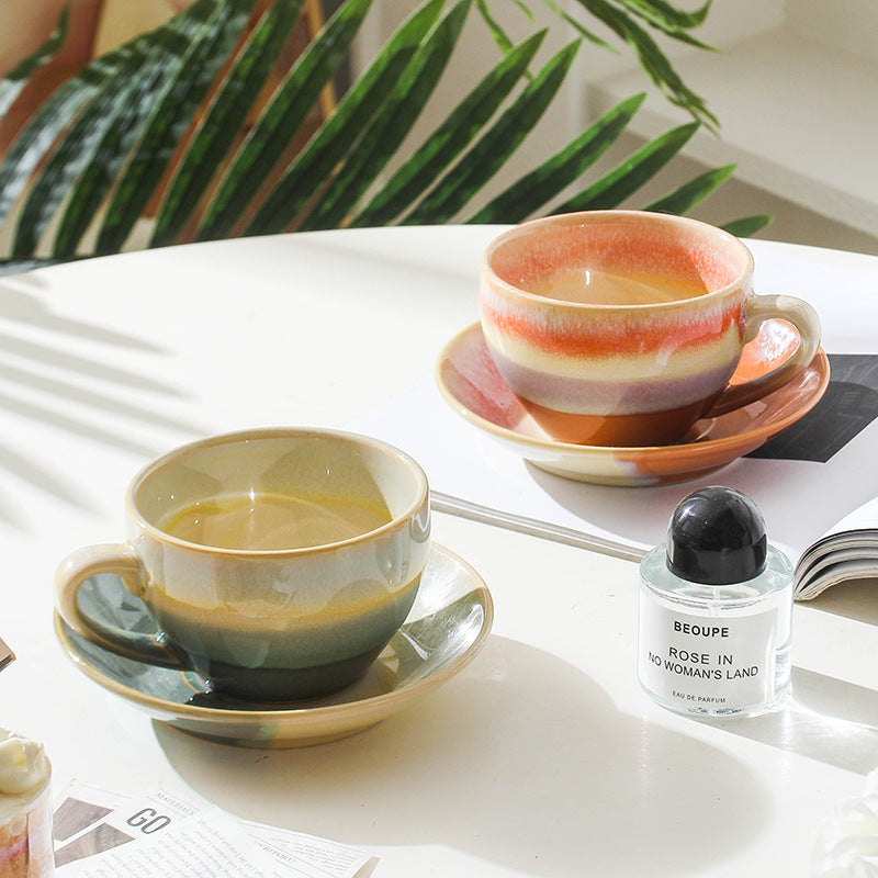 American Vintage-Style Ceramic Coffee Cup & Saucer Set – Rustic Glazed Tea Set with Oxidation Firing Finish