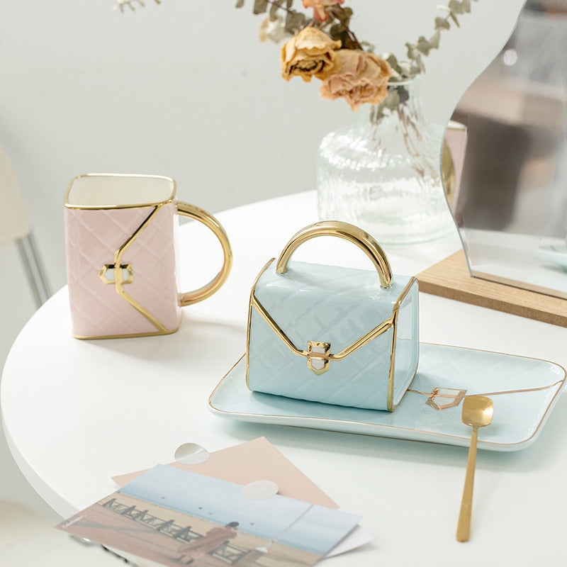 Handbag-Inspired Porcelain Tea Cup & Saucer Set - European Luxury Coffee Cups for Afternoon Tea, Vintage British Style Ceramic Mugs with Gold Trim, Elegant Tea Party Serving Set