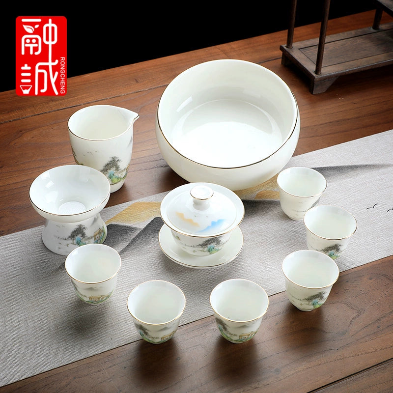 优质德化瓷茶具 - 玉釉陶瓷茶壶配紧凑茶杯,优雅白色陶瓷茶具,适用于家庭、办公室或客厅使用