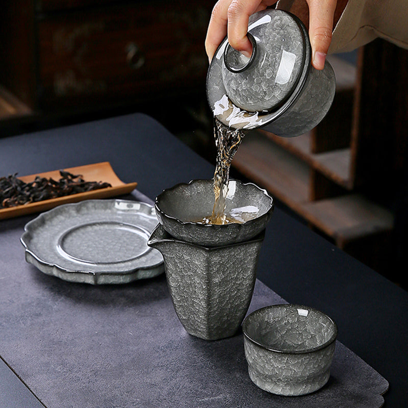 Black Ice Gongfu Tea Set - Premium Ceramic Teacups with Hovering Lid Bowl & Ice Crackle Glaze, Luxury Home & Office Tea Ceremony Accessories