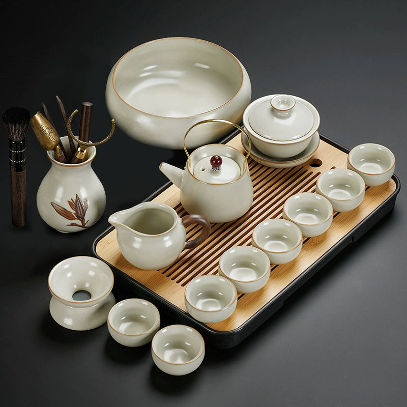 Ru Kiln Ceramic Kung Fu Tea Set - Luxury Teapot, Gaiwan, Cups & Tray for Home Tea Ceremony, Premium Chinese Porcelain Brewing Kit