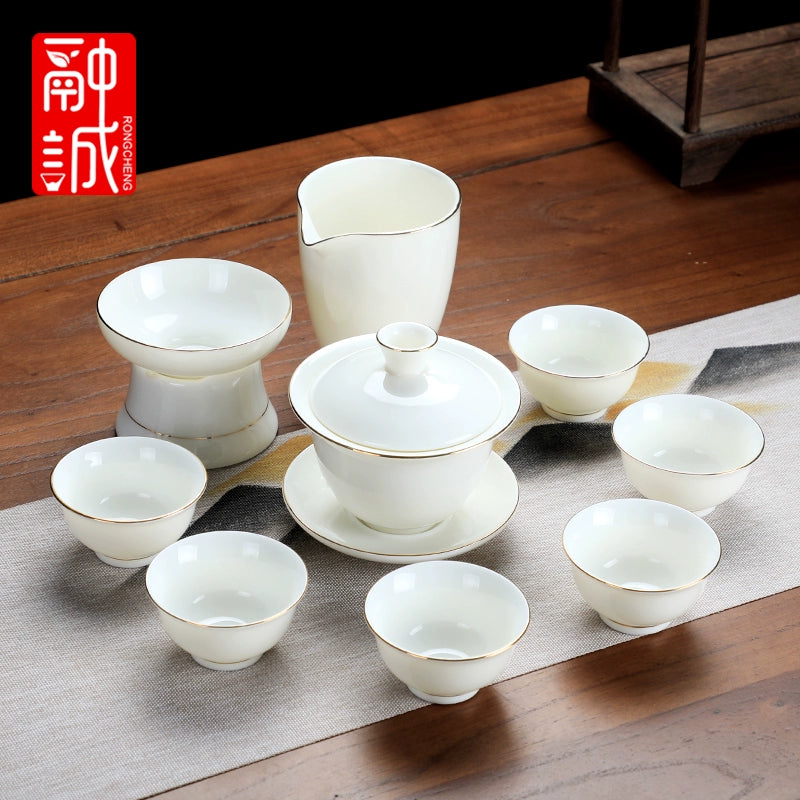 优质德化瓷茶具 - 玉釉陶瓷茶壶配紧凑茶杯,优雅白色陶瓷茶具,适用于家庭、办公室或客厅使用