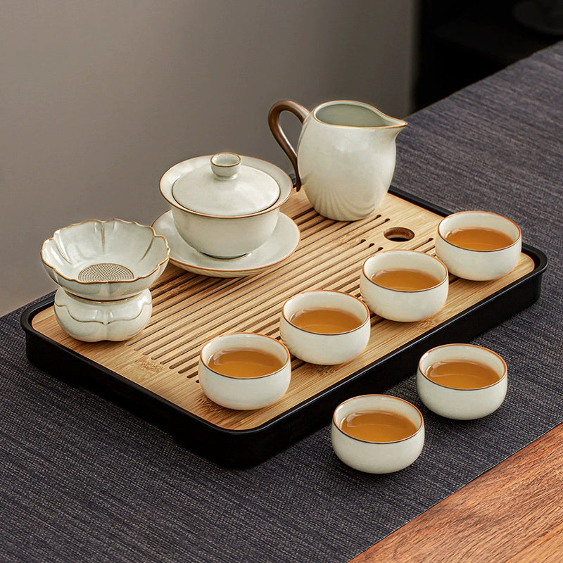 Ru Kiln Ceramic Kung Fu Tea Set - Luxury Teapot, Gaiwan, Cups & Tray for Home Tea Ceremony, Premium Chinese Porcelain Brewing Kit
