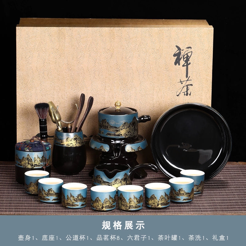 Effortless Tea Set with Heat-Resistant Teapot - Semi-Automatic Ceramic Gongfu Teacups & Stone-Mill Design for Home Brewing, Anti-Scald Tea Maker Kit