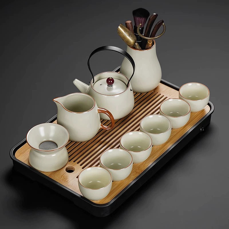 Ru Kiln Ceramic Kung Fu Tea Set - Luxury Teapot, Gaiwan, Cups & Tray for Home Tea Ceremony, Premium Chinese Porcelain Brewing Kit