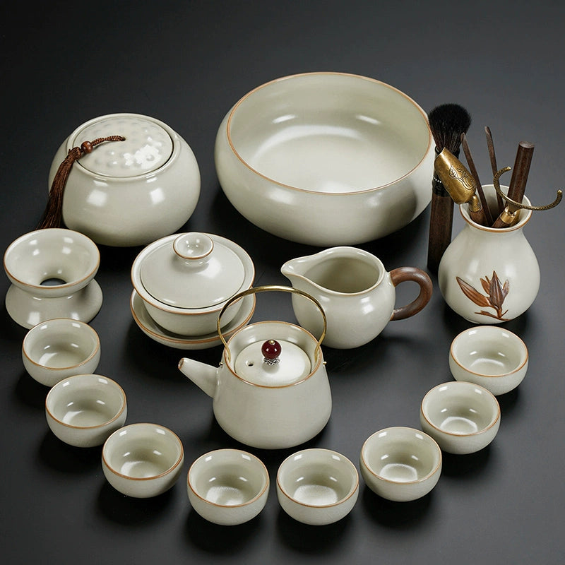 Ru Kiln Ceramic Kung Fu Tea Set - Luxury Teapot, Gaiwan, Cups & Tray for Home Tea Ceremony, Premium Chinese Porcelain Brewing Kit
