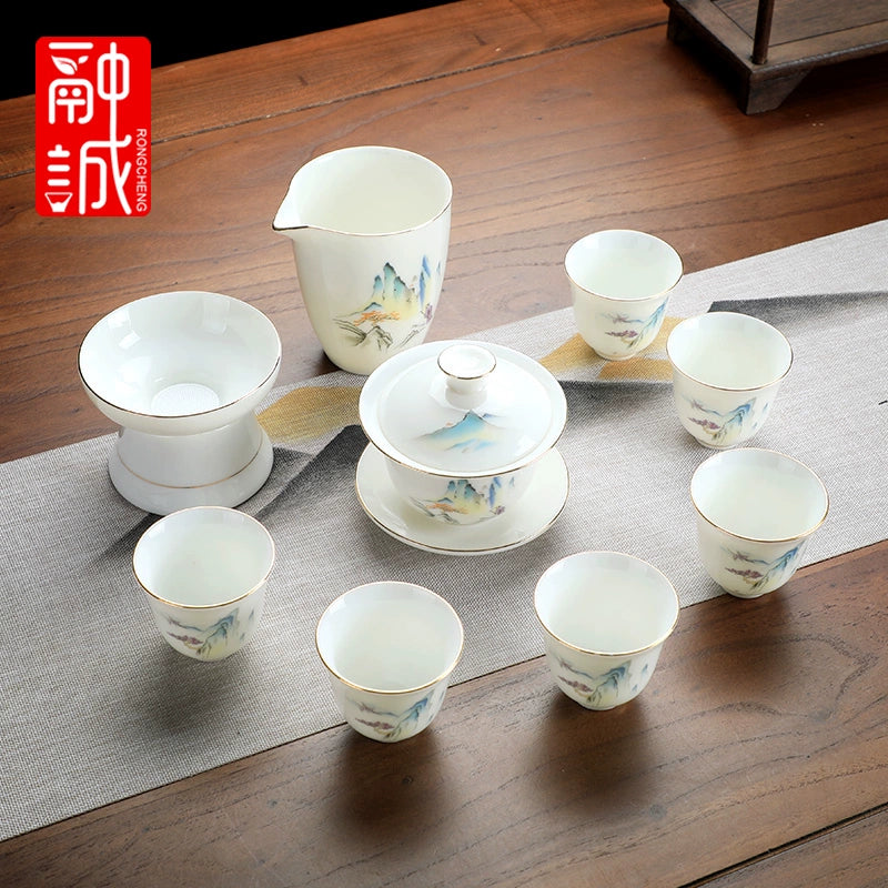 优质德化瓷茶具 - 玉釉陶瓷茶壶配紧凑茶杯,优雅白色陶瓷茶具,适用于家庭、办公室或客厅使用