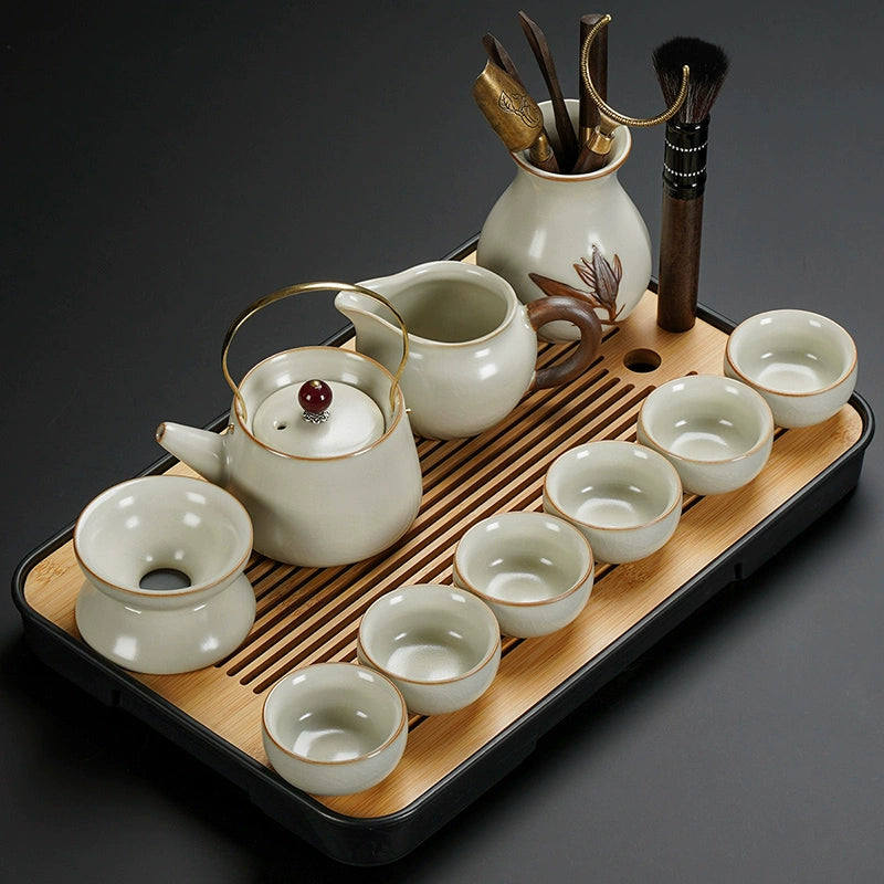 Ru Kiln Ceramic Kung Fu Tea Set - Luxury Teapot, Gaiwan, Cups & Tray for Home Tea Ceremony, Premium Chinese Porcelain Brewing Kit