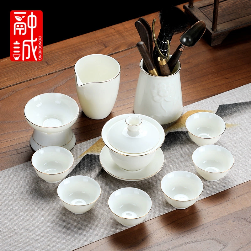 优质德化瓷茶具 - 玉釉陶瓷茶壶配紧凑茶杯,优雅白色陶瓷茶具,适用于家庭、办公室或客厅使用