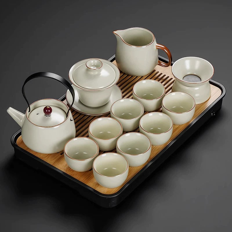 Ru Kiln Ceramic Kung Fu Tea Set - Luxury Teapot, Gaiwan, Cups & Tray for Home Tea Ceremony, Premium Chinese Porcelain Brewing Kit