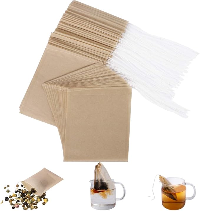 Disposable Eco-Friendly Paper Tea Bags - 100 Pack Drawstring Filter Pouches for Loose Tea, Coffee, Herbs, or Soup Spices (Single-Use, Food-Grade)