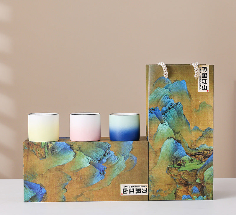 四季风景陶瓷茶具礼盒 - 传统中国手绘茶杯,适合家庭、办公室或节日文化礼品