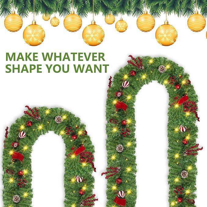 Rocinha 9 Foot Lighted Christmas Garland, Outdoor Christmas Garland with Pine Cones, Red Berries and LED Light for Fireplace, Mantle and Stair Railing