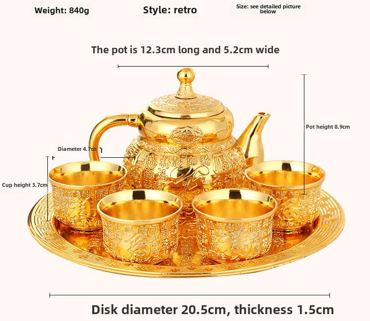 Luxury Gold "Fu" Chinese Gongfu Tea Set - Complete Alloy Teapot & Cups with Tray, Compact Home Brewing Kit for Coffee Table, Elegant Gift for Tea Lovers