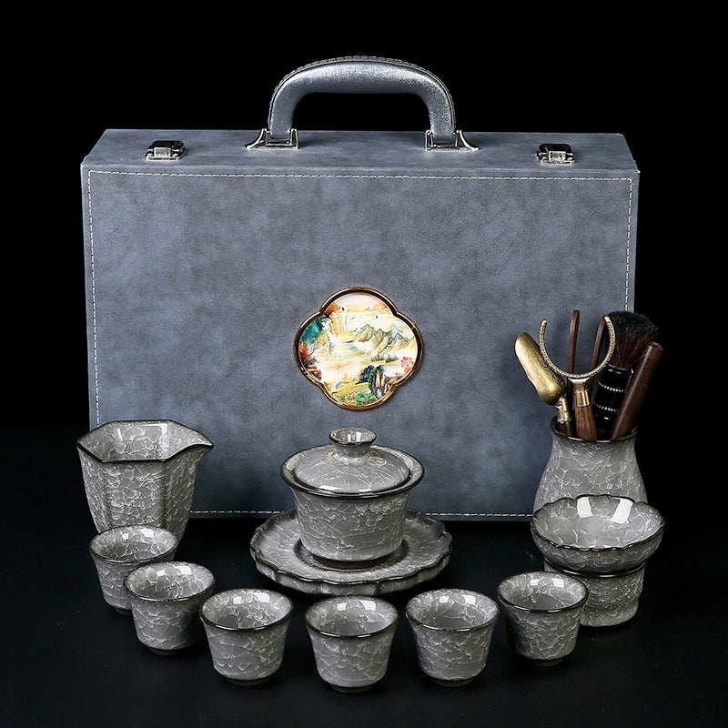 Black Ice Gongfu Tea Set - Premium Ceramic Teacups with Hovering Lid Bowl & Ice Crackle Glaze, Luxury Home & Office Tea Ceremony Accessories
