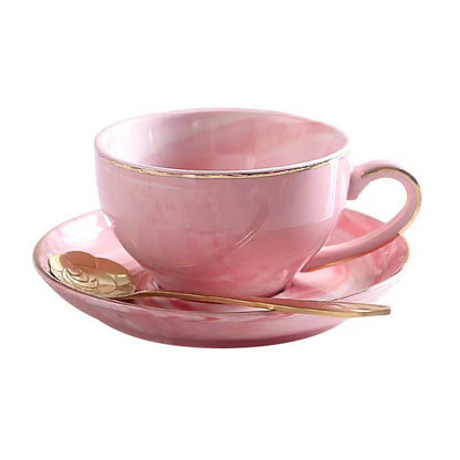 Elegant Pink Marble Ceramic Coffee Cups and Saucers Set with Gold-Tone Stand - Ideal for Tea and Coffee