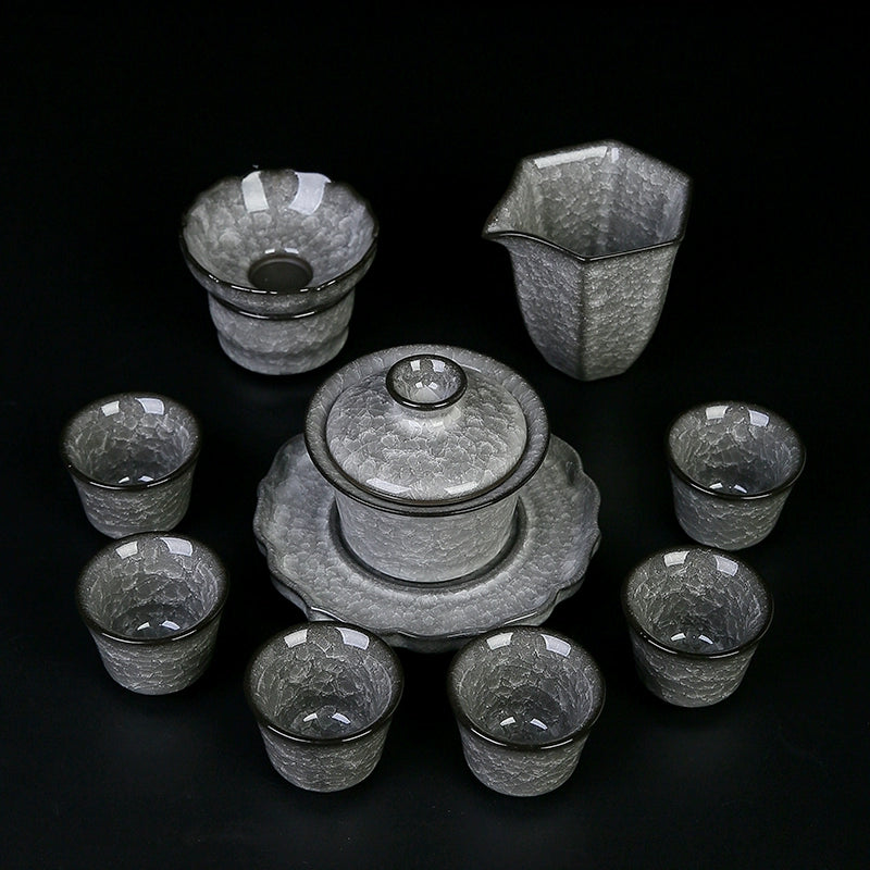 Black Ice Gongfu Tea Set - Premium Ceramic Teacups with Hovering Lid Bowl & Ice Crackle Glaze, Luxury Home & Office Tea Ceremony Accessories