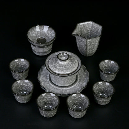 Black Ice Gongfu Tea Set - Premium Ceramic Teacups with Hovering Lid Bowl & Ice Crackle Glaze, Luxury Home & Office Tea Ceremony Accessories