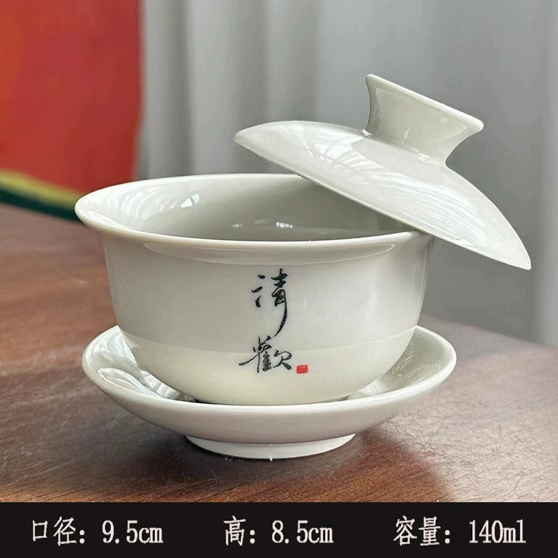 Extra-Large Sancai Lidded Tea Bowl - Ceramic Gongfu Tea Set with Dehua Blue-and-White Porcelain Design, White Porcelain Covered Cup for Brewing and Serving