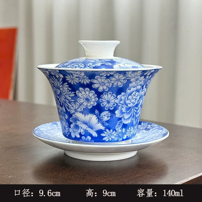 Extra-Large Sancai Lidded Tea Bowl - Ceramic Gongfu Tea Set with Dehua Blue-and-White Porcelain Design, White Porcelain Covered Cup for Brewing and Serving