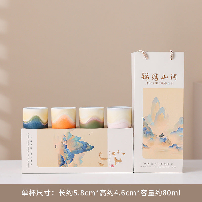 四季风景陶瓷茶具礼盒 - 传统中国手绘茶杯，适合家庭、办公室或节日文化礼品