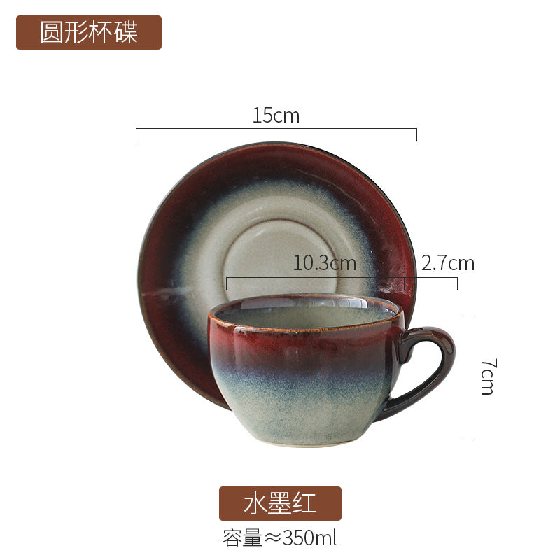 American Vintage-Style Ceramic Coffee Cup & Saucer Set – Rustic Glazed Tea Set with Oxidation Firing Finish
