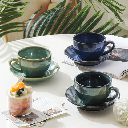 American Vintage-Style Ceramic Coffee Cup & Saucer Set – Rustic Glazed Tea Set with Oxidation Firing Finish